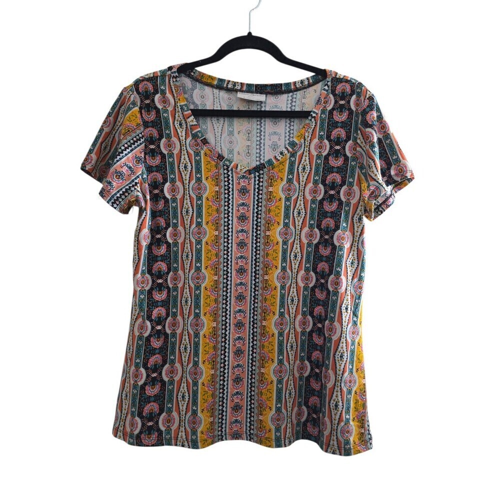 Bobbie Brooks V-Neck Multicolor Floral Stripe Short Casual Sleeve Size Large